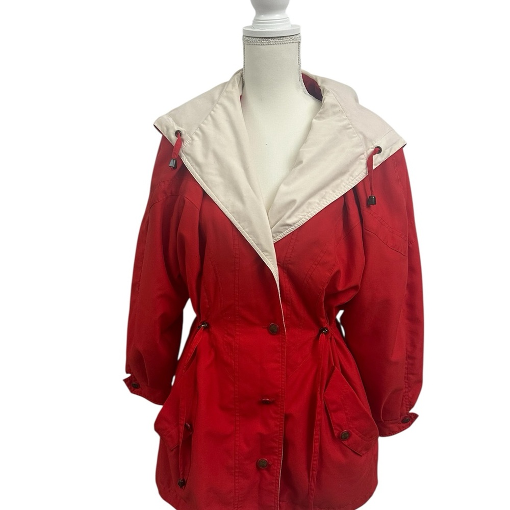 Fleet Street 80s Women's Red and cream trench coat Jacket with Hood